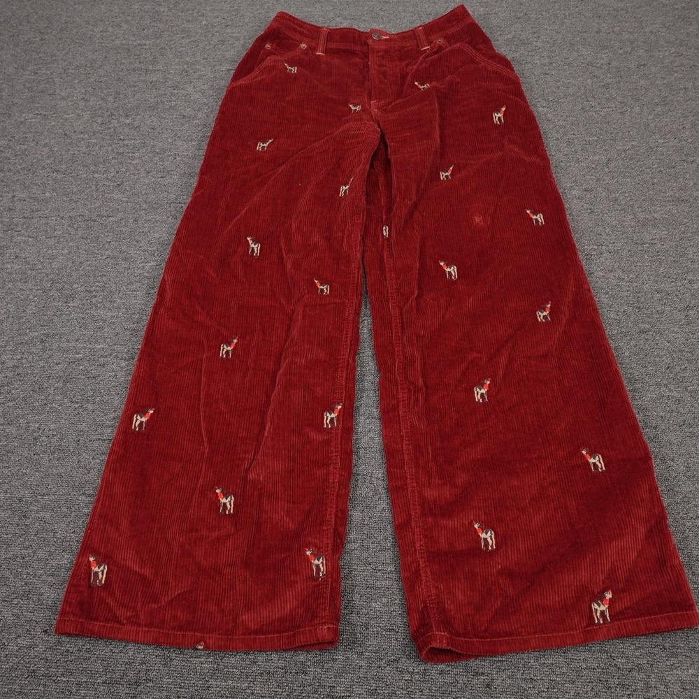 We The Free Pants Womens 26 Red Corduroy Wide Leg Embroidered Deer Holiday